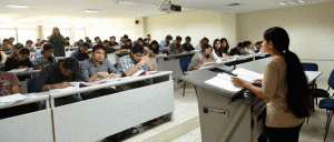 student studying in classroom