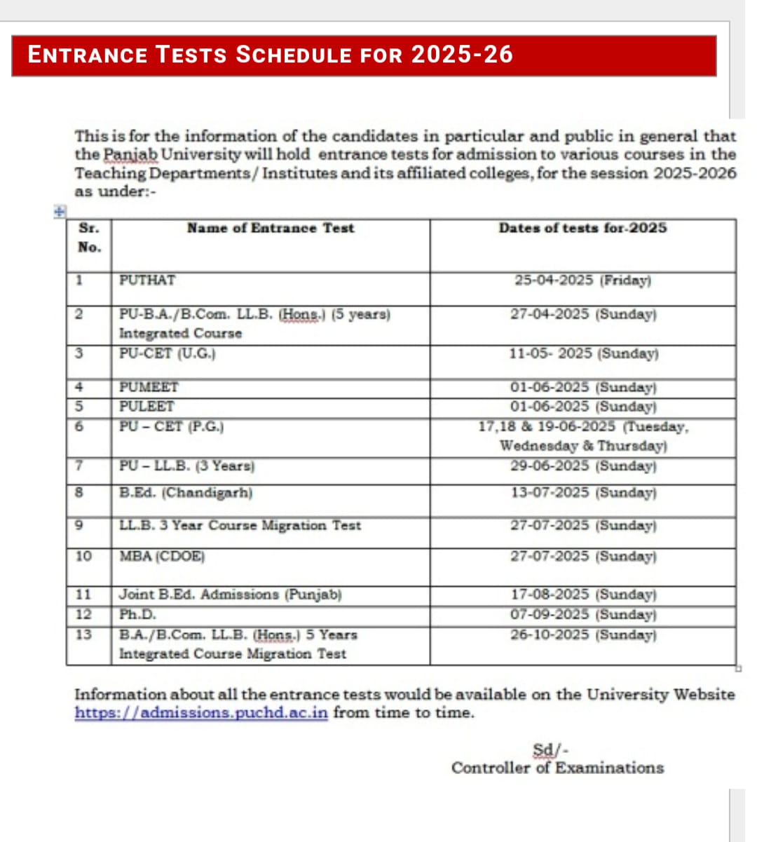 Panjab University Entrance Test Schedule 2025-26, listing exam dates for various courses, including PU BA/B.Com LLB (Hons.) 5-Year and PU LLB 3-Year Law Entrance Exam.