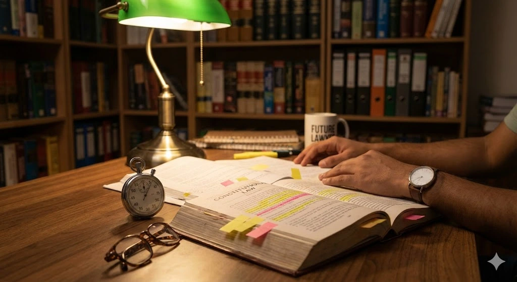 Disciplined law student studying